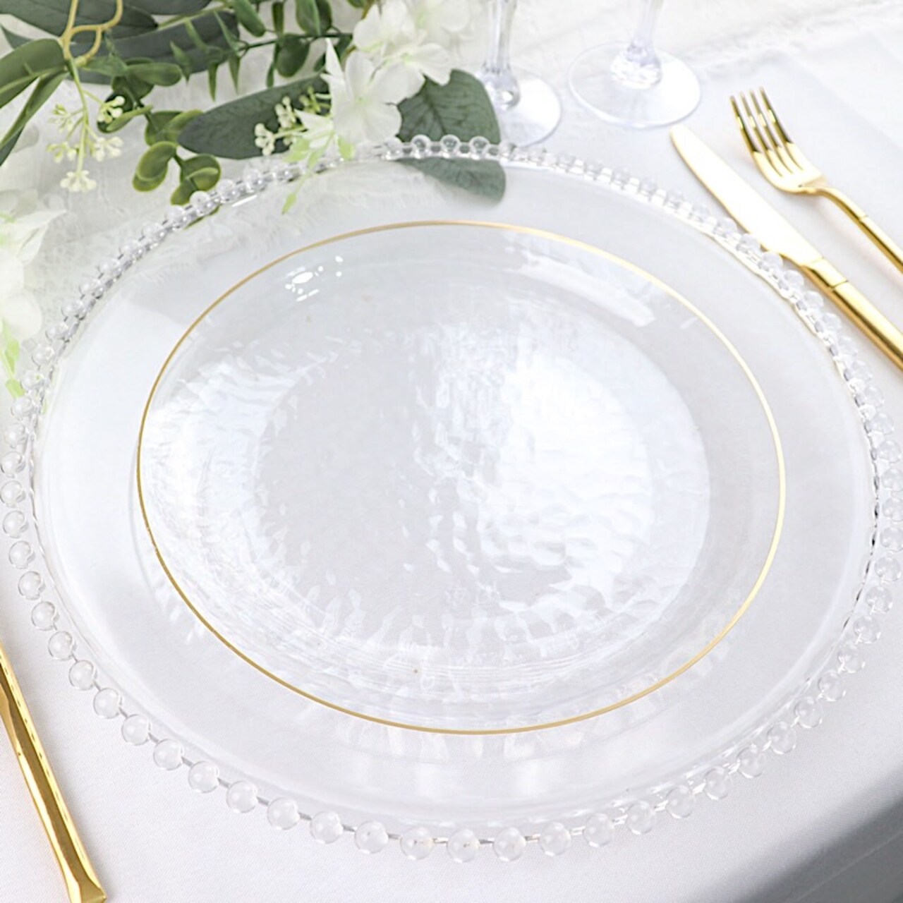 10 PCS Clear Round Hammered Disposable Salad Dinner PLASTIC PLATES Gold Trim Party